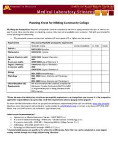 Planning Sheet for Hibbing Community College MLS Program Prerequisites: Required prerequisites must be complete by the end of spring semester the year of transfer for year 3 entry. Care must be taken in scheduling course