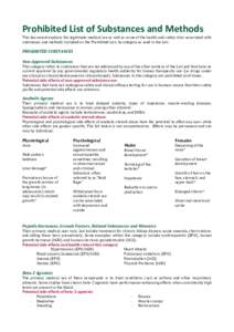 Prohibited List of Substances and Methods This document explains the legitimate medical use as well as some of the health and safety risks associated with substances and methods included on the Prohibited List, by catego