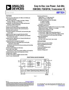 Easy to Use, Low Power, Sub GHz, ISM/SRD, FSK/GFSK, Transceiver IC ADF7024 Data Sheet FEATURES