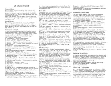 yt Cheat Sheet General Info For everything yt please see http://yt-project.org. Documentation http://yt-project.org/doc/index.html. Need help? Start here http://yt-project.org/doc/help/ and then