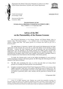 International Bioethics Committee; 8th; Advice of the IBC on the patentability of the human genome; 2001