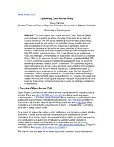 Serials ReviewOptimizing Open Access Policy Stevan Harnad Canada Research Chair in Cognitive Sciences, Université du Québec à Montréal &