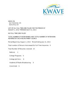 KWVE-FM San Clemente, CA Santa Ana, CA LIST OF ALL FULL TIME JOBS FILLED FOR THE PERIOD OF AUGUST 1, 2012 THROUGH JULY 31, 2013 NO FULL TIME JOBS FILLED