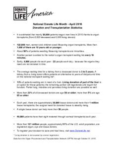 National Donate Life Month - April 2016 Donation and Transplantation Statistics • It is estimated that nearly 30,000 patients began new lives in 2015 thanks to organ transplants (from 8,500 deceased and 6,000 living do