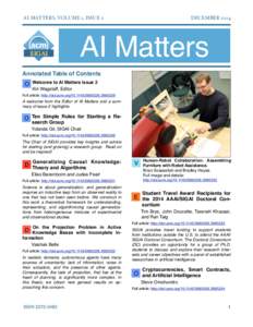 AI MATTERS, VOLUME 1, ISSUE 2!  DECEMBER 2014 AI Matters Annotated Table of Contents
