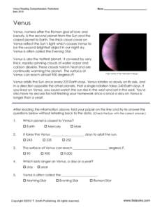 Venus Reading Comprehension Worksheet