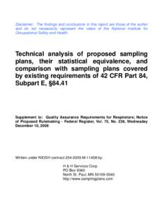 Technical analysis of proposed sampling plans, their statistical equivalence, and comparison with sampling plans covered by existing requirements of 42 CFR Part 84, Subpart E, §84.41