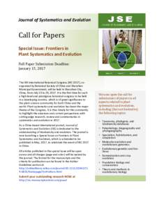 Journal of Systematics and Evolution  Call for Papers Special Issue: Frontiers in Plant Systematics and Evolution