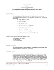 COVER SHEET and NOTICE OF COMPLETION of FINAL SUPPLEMENTAL ENVIRONMENTAL IMPACT STATEMENT