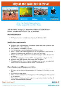 2014 Pan Pacific Masters Games Rugby League Competition Rules ALL PLAYERS must play in the SPIRIT of the Pan Pacific Masters Games, players breaching this may be penalised. Player Qualification 