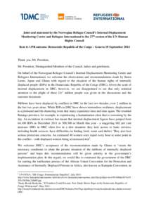 Joint oral statement by the Norwegian Refugee Council’s Internal Displacement Monitoring Centre and Refugees International to the 27th session of the UN Human Rights Council Item 6: UPR outcome Democratic Republic of t