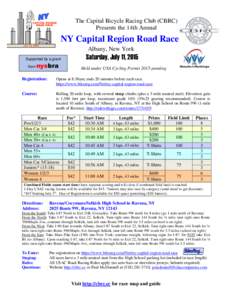 The Capital Bicycle Racing Club (CBRC) Presents the 14th Annual NY Capital Region Road Race Albany, New York