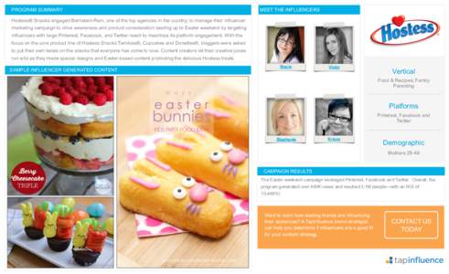 PROGRAM SUMMARY  MEET THE INFLUENCERS Hostess® Snacks engaged Bernstein-Rein, one of the top agencies in the country, to manage their influencer marketing campaign to drive awareness and product consideration leading up