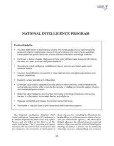 NATIONAL INTELLIGENCE PROGRAM  Funding Highlights:
