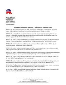 Republican National Committee Counsel’s Office  Resolution Honoring Supreme Court Justice Antonin Scalia