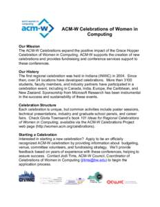 ACM-W Celebrations of Women in Computing Our Mission The ACM-W Celebrations expand the positive impact of the Grace Hopper Celebration of Women in Computing. ACM-W supports the creation of new celebrations and provides f
