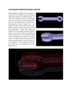 Fused Deposition Modeling (3D Printing) in a Nutshell: Fused deposition modeling or 3D printing is a prominent form of additive rapid prototyping in which plastic models are created by slicing a .stl model (a 3D computer