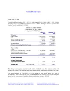 Central Gold-Trust  Friday April 25, 2008 Central Gold-Trust (symbol: TSX – GTU.UN (Cdn.$) and GTU.U (U.S.$) AMEX – GTU (U.S.$)) has today released selected financial information in U.S. dollars relating to results o