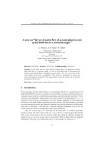 Nonlinear Analysis: Modelling and Control, 2010, Vol. 15, No. 2, 155–158  A note on “Taylor–Couette flow of a generalized second grade fluid due to a constant couple” C. Fetecau1 , A.U. Awan2 , M. Athar2 1