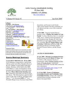 Lewis County Genealogical Society PO Box 782 Chehalis WAhttp://www.walcgs.org  Volume #19 Issue #1