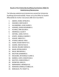 Results of the Scholarship Qualifying Examinations (SQA) for Valedictorians/Salutatorians The following valedictorians/salutatorians passed the Scholarship Qualifying Examinations(SQE). Please call up the Office for Stud