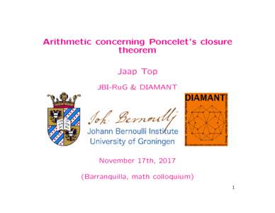 Arithmetic concerning Poncelet’s closure theorem Jaap Top JBI-RuG & DIAMANT  November 17th, 2017