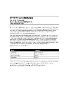 UPnP AV Architecture:2 For UPnP Version 1.0 Status: Standardized DCP (SDCP)