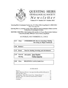 QUESTING HEIRS GENEALOGICAL SOCIETY N e w s l e tt e r Volume 45  Number 10  October 2012