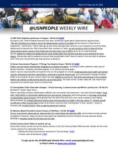Info for leaders to share with Sailors and their families  Week of Friday July 18, 2014 @USNPEOPLE WEEKLY WIRE 1) CNP Talks Stability and Service in Naples / 16 JUL 14 [LINK]