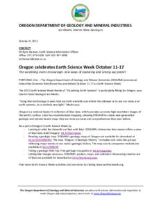 DOGAMI news release: Oregon celebrates Earth Science Week October 11-17; The weeklong event encourages new ways of exploring and seeing our planet