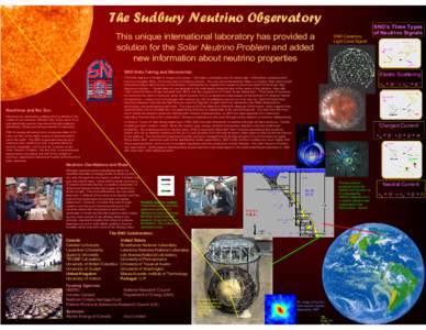 The Sudbury Neutrino Observatory This unique international laboratory has provided a solution for the Solar Neutrino Problem and added new information about neutrino properties  SNO Cerenkov