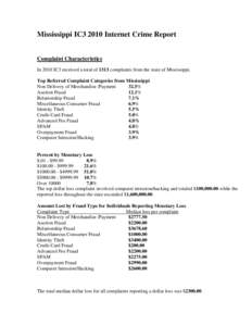 Mississippi IC3 2010 Internet Crime Report Complaint Characteristics In 2010 IC3 received a total of 1313 complaints from the state of Mississippi. Top Referred Complaint Categories from Mississippi Non Delivery of Merch