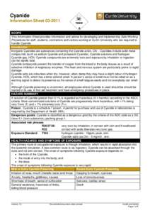 Cyanide Information SheetSCOPE This Information Sheet provides information and advice for developing and implementing Safe Working Procedures for staff, students, contractors and visitors working at Curtin Unive