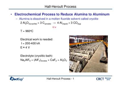 Hall-Heroult Process • Electrochemical Process to Reduce Alumina to Aluminum – Alumina is dissolved in a molten fluoride solvent called cryolite