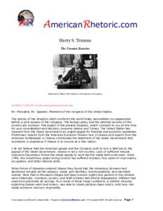 AmericanRhetoric.com  Harry S. Truman  The Truman Doctrine  Delivered 12 March 1947 before a Joint Session of Congress 