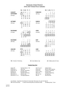 Rochester	School	District 2016‐2017	School	Year	Calendar Mo Tu We Th Fr AUGUST/ SEPTEMBER