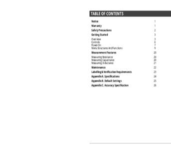 TABLE OF CONTENTS 	Notice	 	Warranty Safety Precautions	 	Getting Started	 	Overview