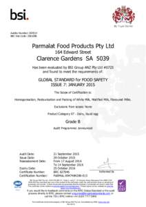 Auditor Number: BRC Site Code: Parmalat Food Products Pty Ltd 164 Edward Street