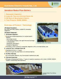 Sumitomo Electric Industries, Ltd. Vanadium Redox Flow Battery 1.	Renewable Integration 2.	Long Life Time and Unlimited Cycle Life 3.	28 Years of Development History 4.	Total Projects: 25MW, 90MWh