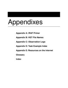 Appendixes Appendix A: IRAF Primer Appendix B: HST File Names Appendix C: Observation Logs Appendix D: Task Example Index Appendix E: Resources on the Internet