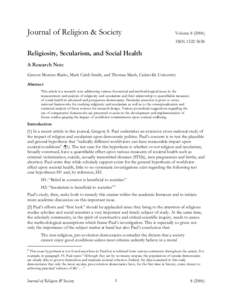 Journal of Religion & Society  VolumeISSNReligiosity, Secularism, and Social Health