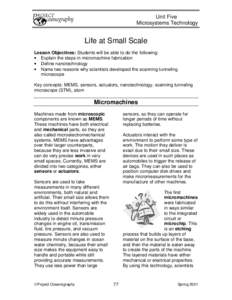 Unit Five Microsystems Technology Life at Small Scale Lesson Objectives: Students will be able to do the following: • Explain the steps in micromachine fabrication