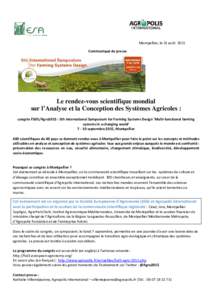 Communiqué de presse Agro 2015, 7-10 septembre 2015, Montpellier : Le rendez-vous scientifique mondial sur l’Analyse et la Conception des Systèmes Agricoles