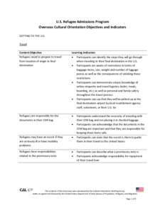 U.S. Refugee Admissions Program Overseas Cultural Orientation Objectives and Indicators GETTING TO THE U.S. Travel Content Objective Refugees need to prepare to travel