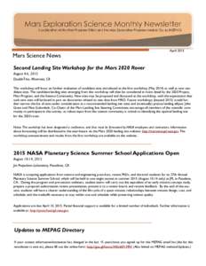 Mars Science News  April 2015 Second Landing Site Workshop for the Mars 2020 Rover August 4-6, 2015