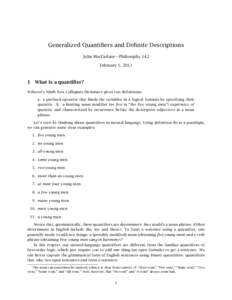 Generalized Quantifiers and Definite Descriptions John MacFarlane—Philosophy 142 February 1, 2011 1