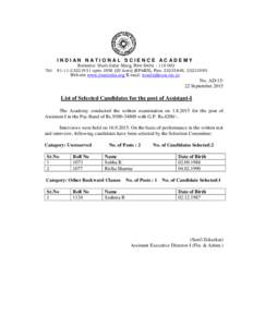 INDIAN NATIONAL SCIENCE ACADEMY Bahadur Shah Zafar Marg, New DelhiTel: uptolines) (EPABX); Fax: , Website www.insaindia.org E-mail:   No. AD/15/