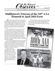 Spring 2007 Newsletter Of the Middlesex County Historical Society Middletown’s Veterans of the 110th AAA Honored at April 26th Event A