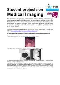 Student projects on  Medical Imaging The Quantitative Imaging Group (Department Imaging Science and Technology) closely collaborates with the Departments of Radiology and Medical Physics (AMC Amsterdam) in a number of re