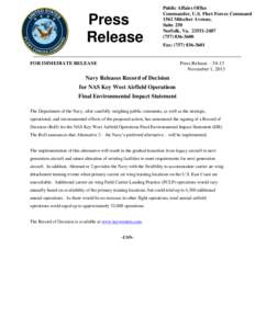 Press Release Public Affairs Office Commander, U.S. Fleet Forces Command 1562 Mitscher Avenue,